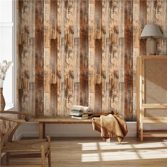 Brown Wood Peel and Stick Wallpaper 17.8" X 118.8" Self Adhesive Wallpaper - Picture 3 of 7
